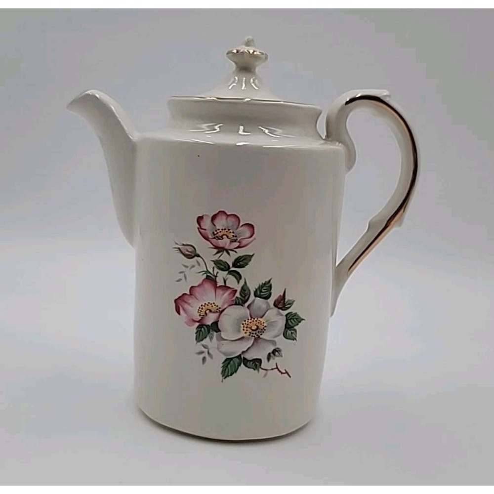 VTG‎ Teapot Dogwood Wild Rose Lid HWE1 House of Webster Gold Trim Ceramic CRACKS